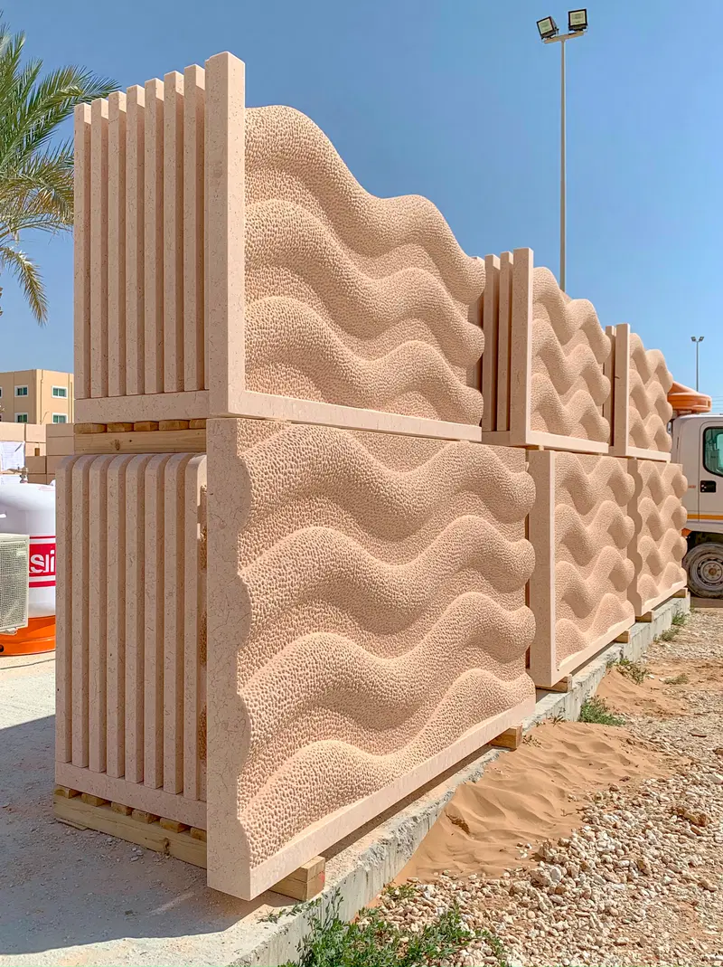 Modern Architectural Panels with Textured Wavy Designs Outdoors