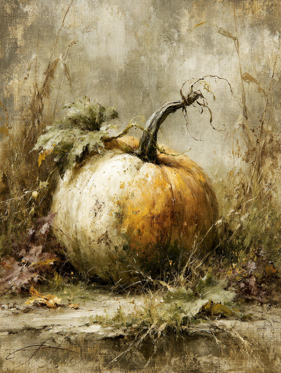 A large, textured pumpkin with a green vine sits amidst grass and foliage.