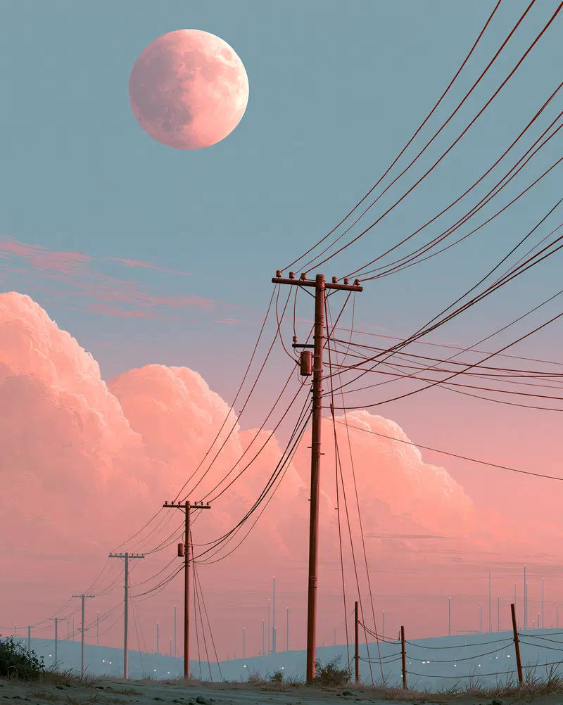 Serene Landscape with Power Lines Under a Pastel Sky
