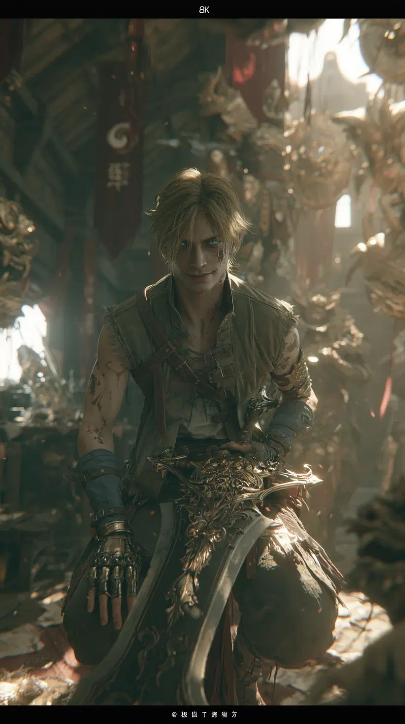 Intriguing Fantasy Character with Sword in Detailed Indoor Setting