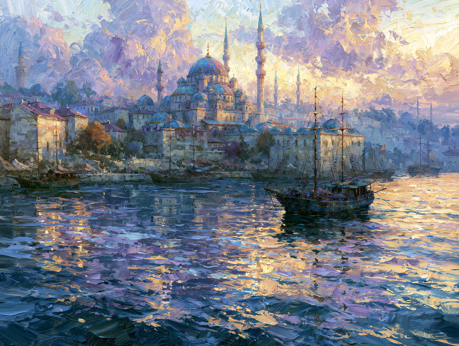 A vibrant coastal scene featuring a historic mosque and minarets at sunset, with a boat on shimmering water and colorful clouds in the sky.