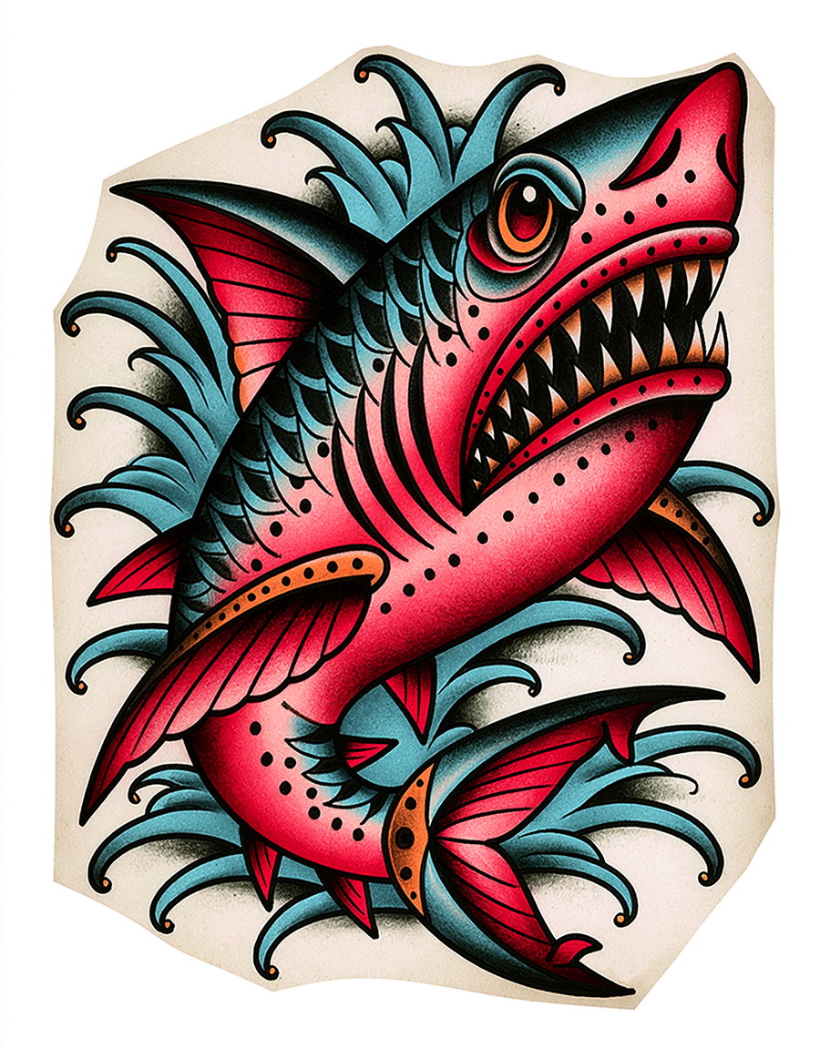 An illustration of a shark with exaggerated features, vibrant colors, and stylized waves.