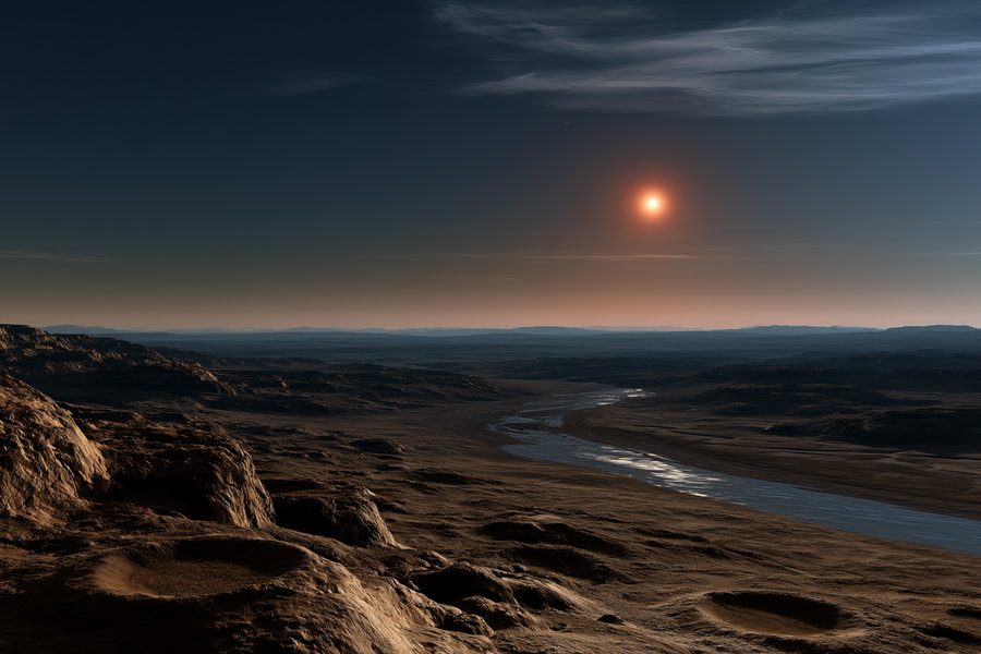 A panoramic view of mountains and a river at twilight under a starry sky with a prominent sun in the background.
