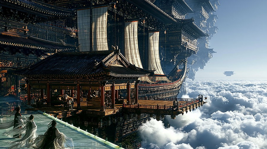 A grand, intricate floating city with traditional architecture, set high above the clouds, featuring boats and ethereal figures.