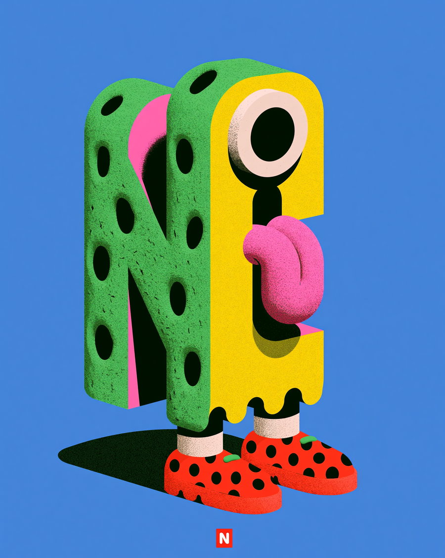 A stylized character featuring the letter 'N' with vibrant colors, big eyes, a tongue sticking out, and polka dot shoes against a blue background.