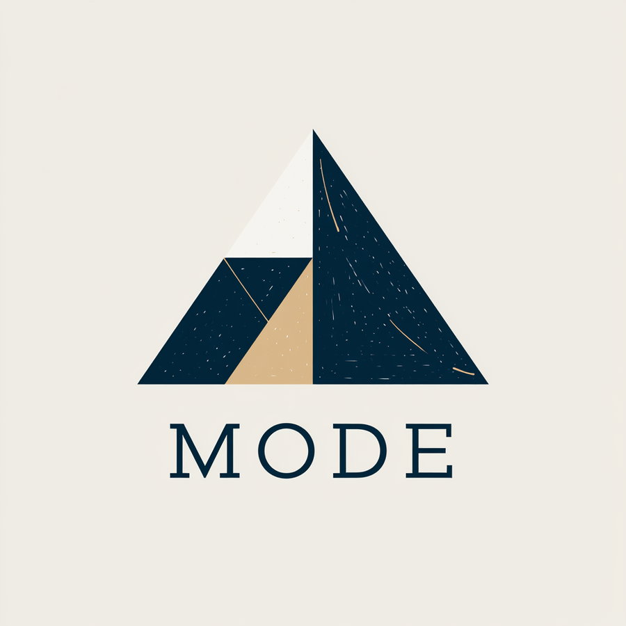 A logo design consisting of triangle shapes in blue, beige, and white colors with the word 'MODE' below.