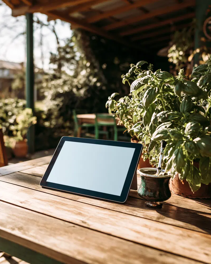 Cozy Outdoor Workspace with Tablet and Potted Plants