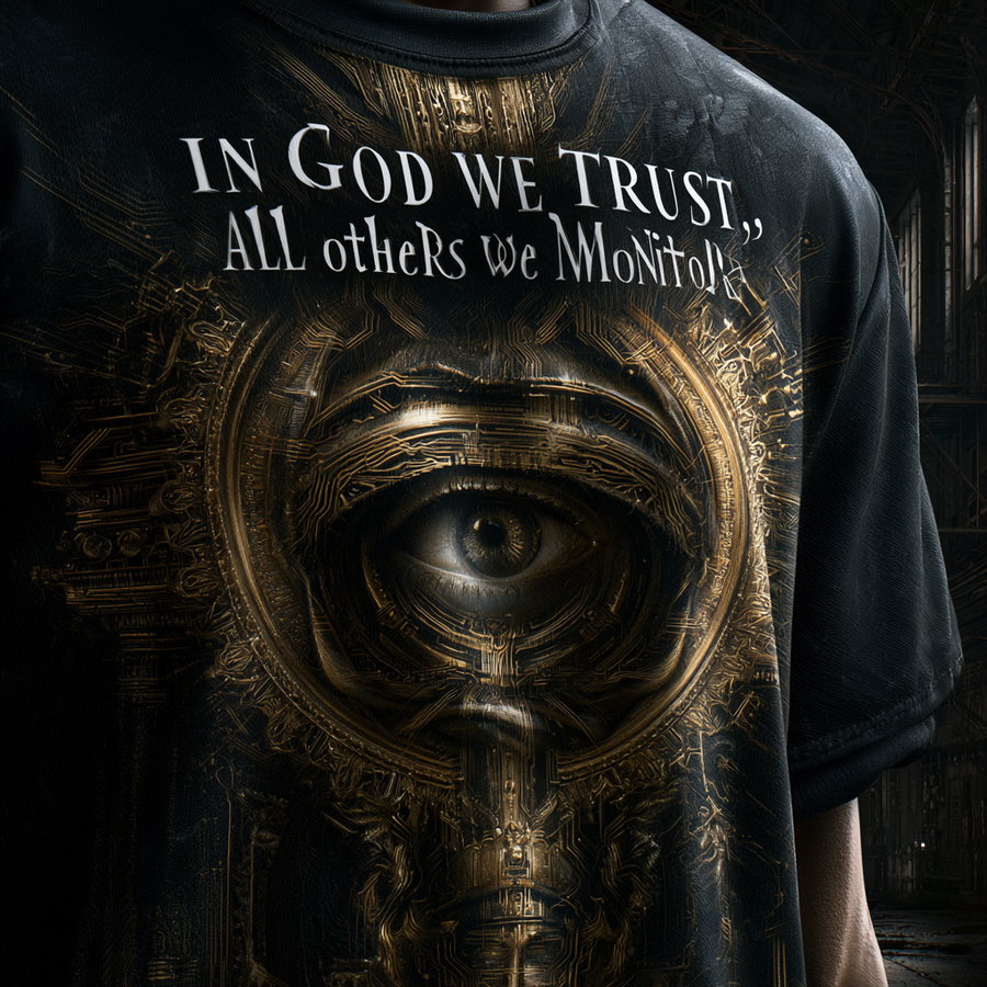 A detailed image of a black shirt with a large golden mechanical eye and the words 'IN God we TRUST, ALL others we Monitor' printed on it.