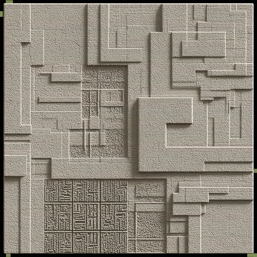 A detailed surface with various geometric patterns and textures in beige and brown shades.