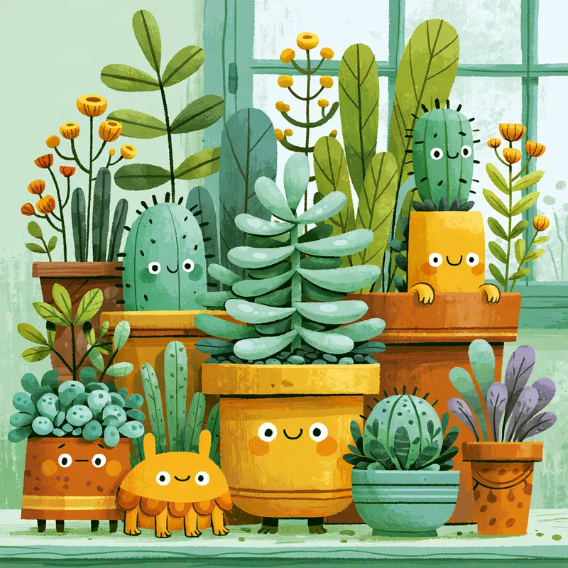 Whimsical Plant Characters in a Cheerful Indoor Garden Scene