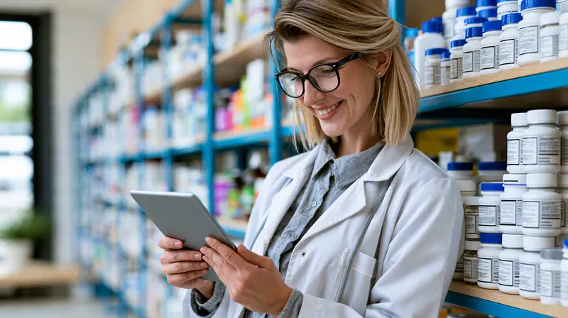 Smiling Female Pharmacist Engaged with Tablet in Pharmacy