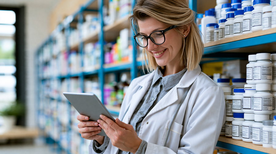 A woman in a lab coat smiling while using a tablet in a pharmacy aisle filled with medicine bottles.