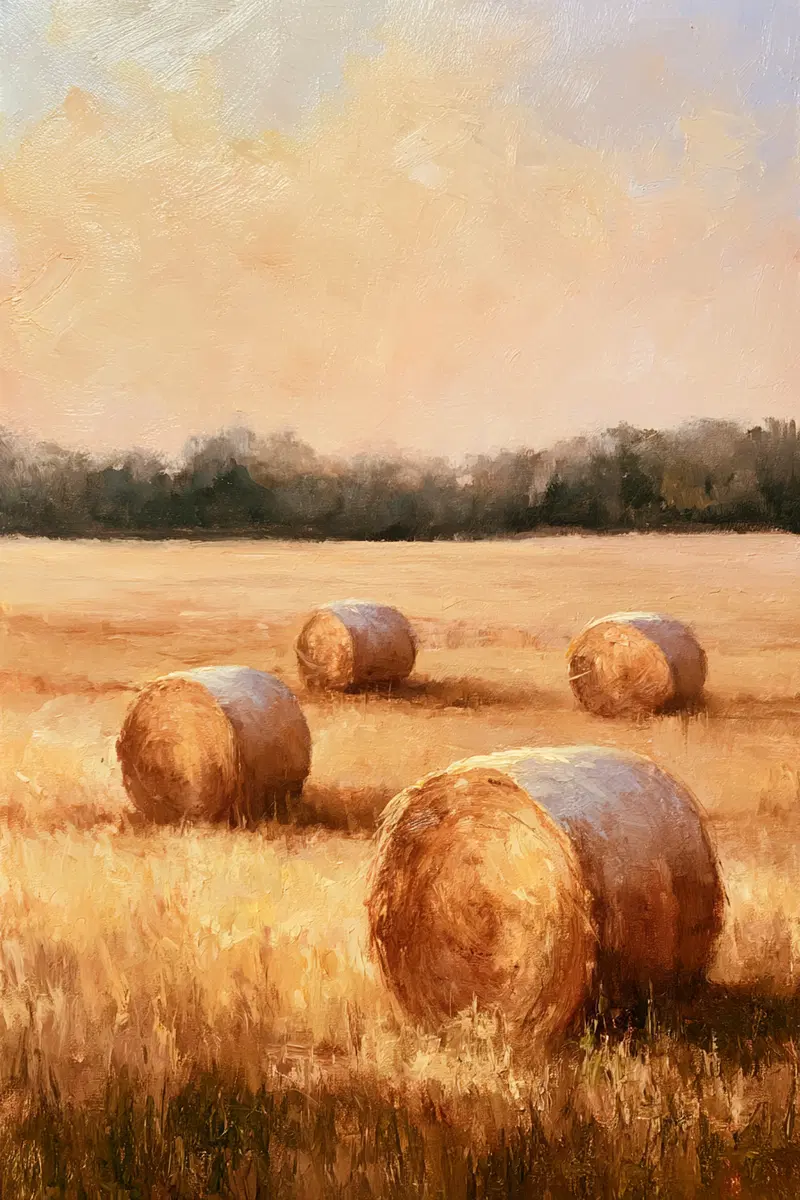 Serene Landscape of Hay Bales in a Golden Field at Dusk