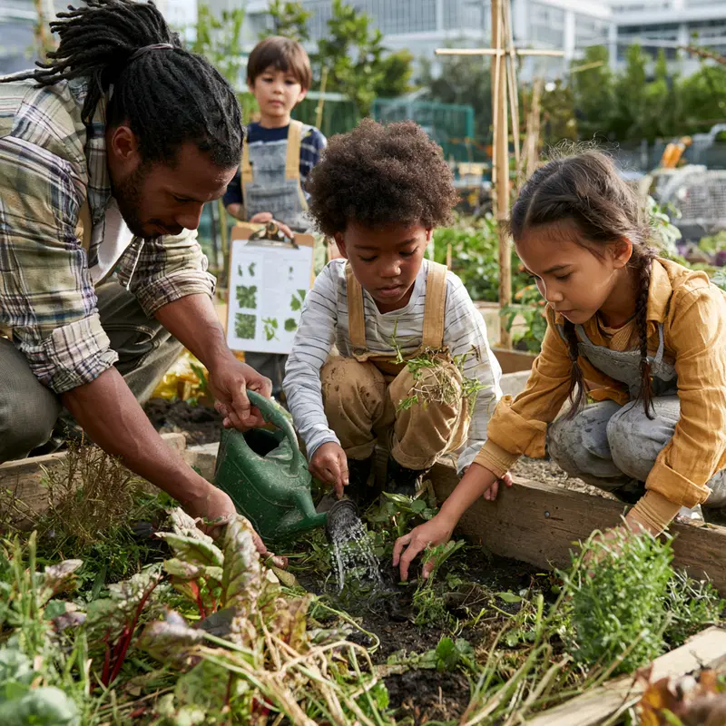 Engaging Family Gardening Together in a Vibrant Community Plot