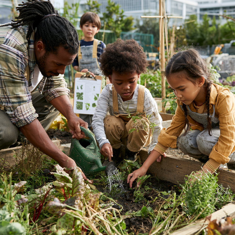 A man and three children are working in a community garden, watering plants and tending to the soil. The man is helping a child with curly hair, while another child looks at a plant guide and a girl is digging in the earth.