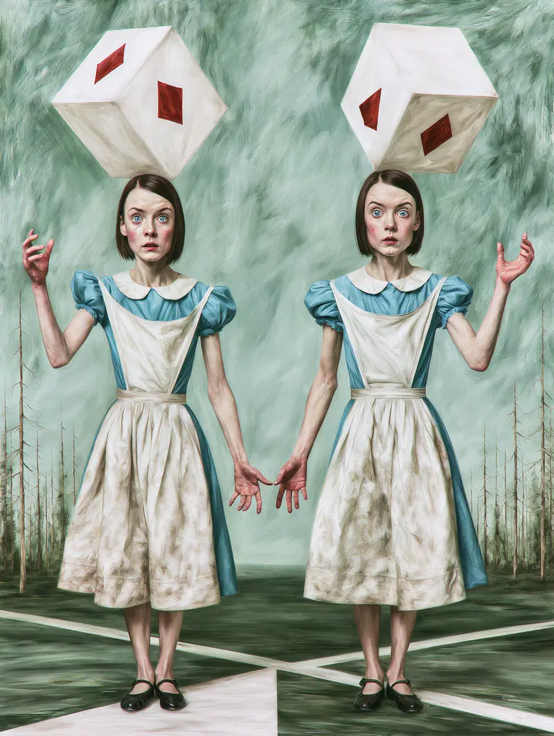 Surreal Duality Featuring Two Girls in Unique Dresses