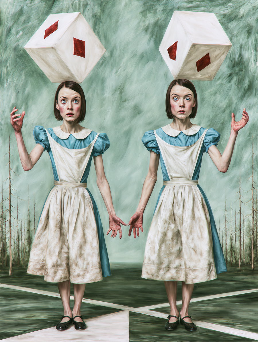 Two girls in identical blue and white dresses balancing cubes on their heads against a surrealistic backdrop.