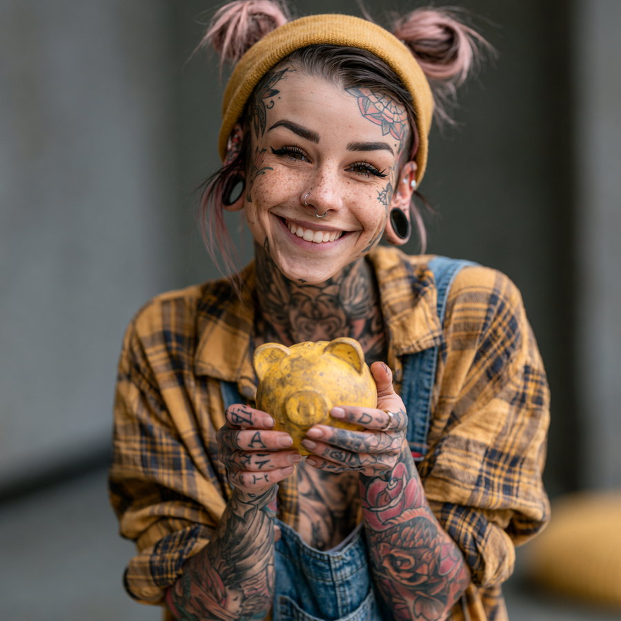 A woman with tattoos and piercings wearing a yellow beanie and plaid shirt, holding a yellow piggy bank, smiling warmly.