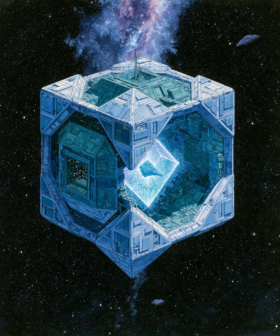 A large, intricate cube structure floating in space, surrounded by stars and galaxies. The cube features geometric designs and a bright, glowing core.