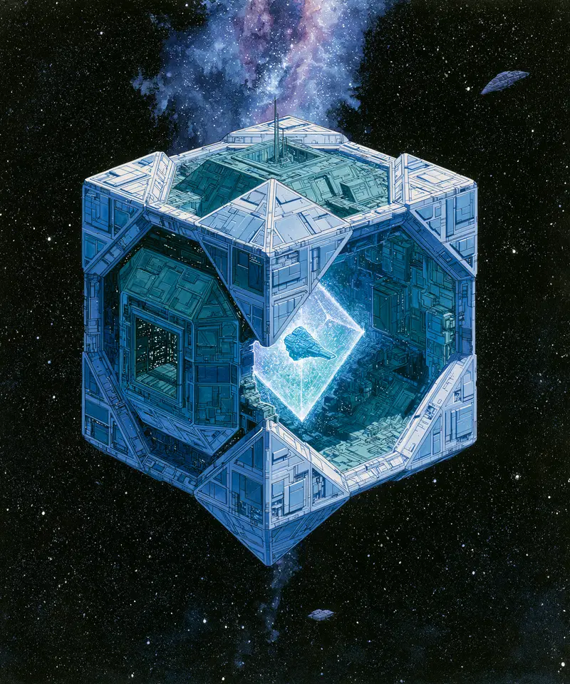 Futuristic Cube Structure in Outer Space with Cosmic Background