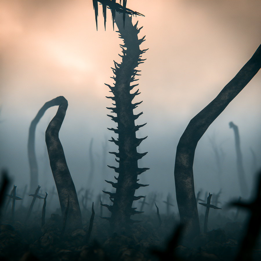 A dark and eerie landscape featuring thorny, spine-like structures emerging from a foggy ground, with faint crosses visible in the background.