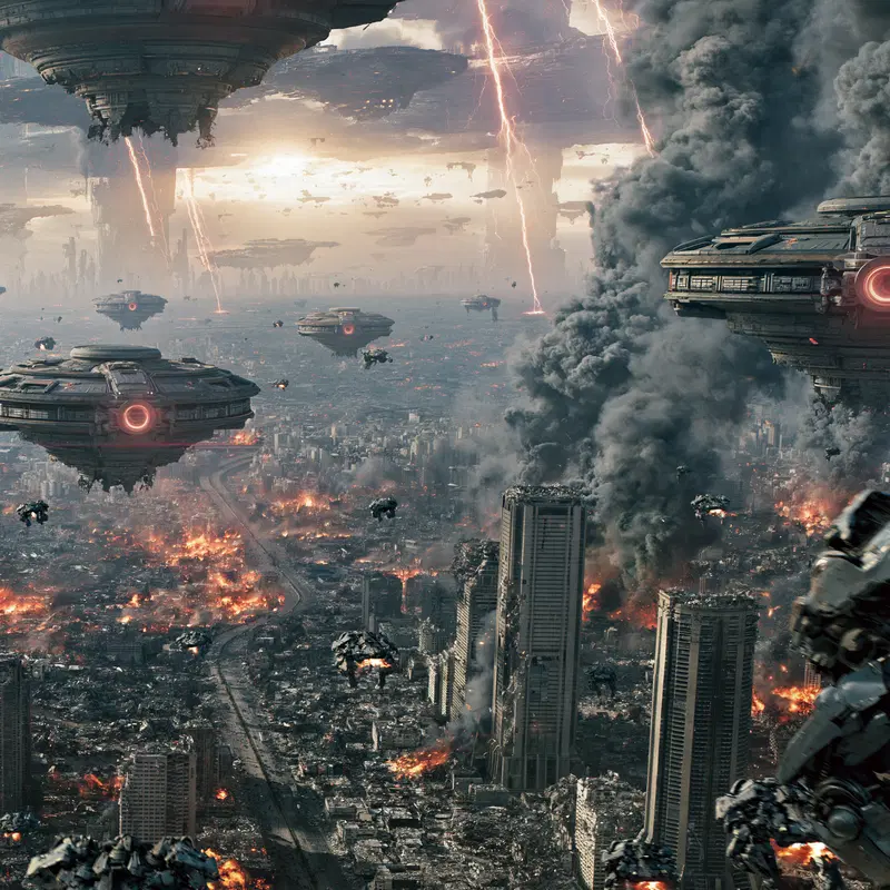 Dramatic Sci-Fi Landscape Depicting a Futuristic Battle Scene