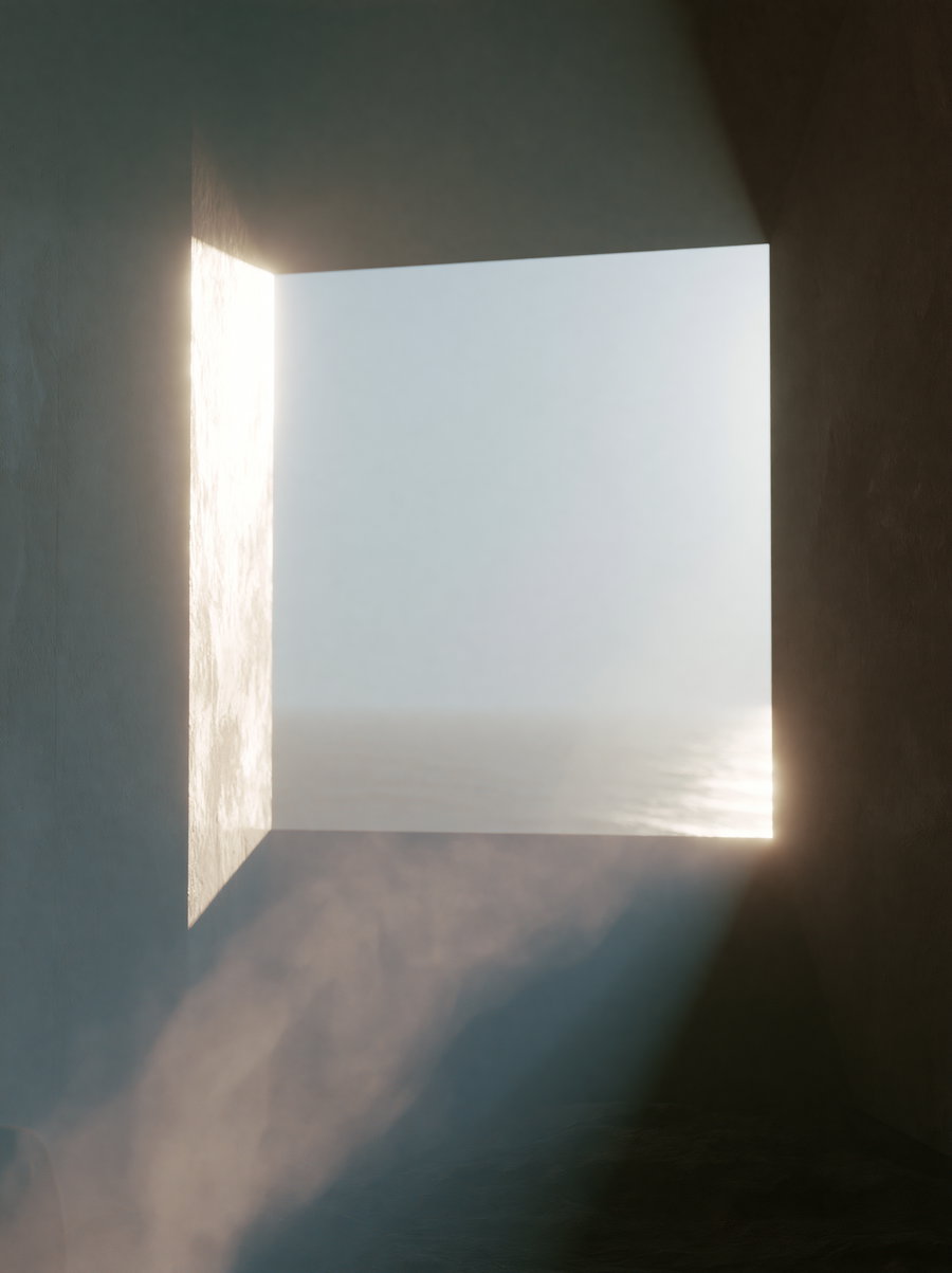A simple, modern window opening to a calm ocean view with soft light.