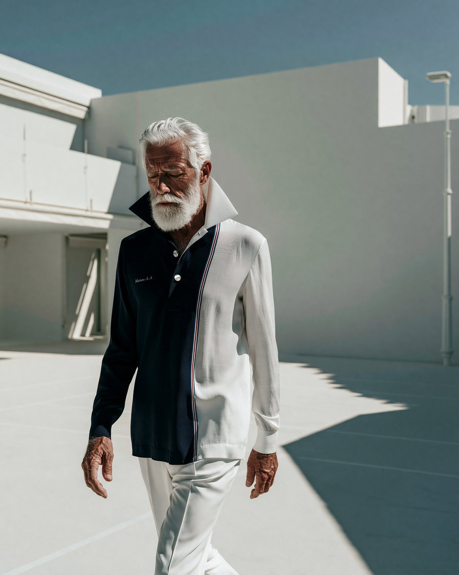 A senior man with a beard wears a stylish two-toned shirt, walking confidently in a minimalist architectural setting.