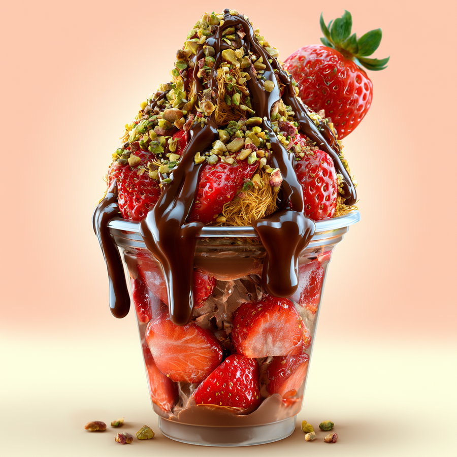 A close-up image of a glass dessert cup filled with chocolate ice cream, topped with a mound of strawberries, crushed nuts, and drizzled with chocolate syrup.