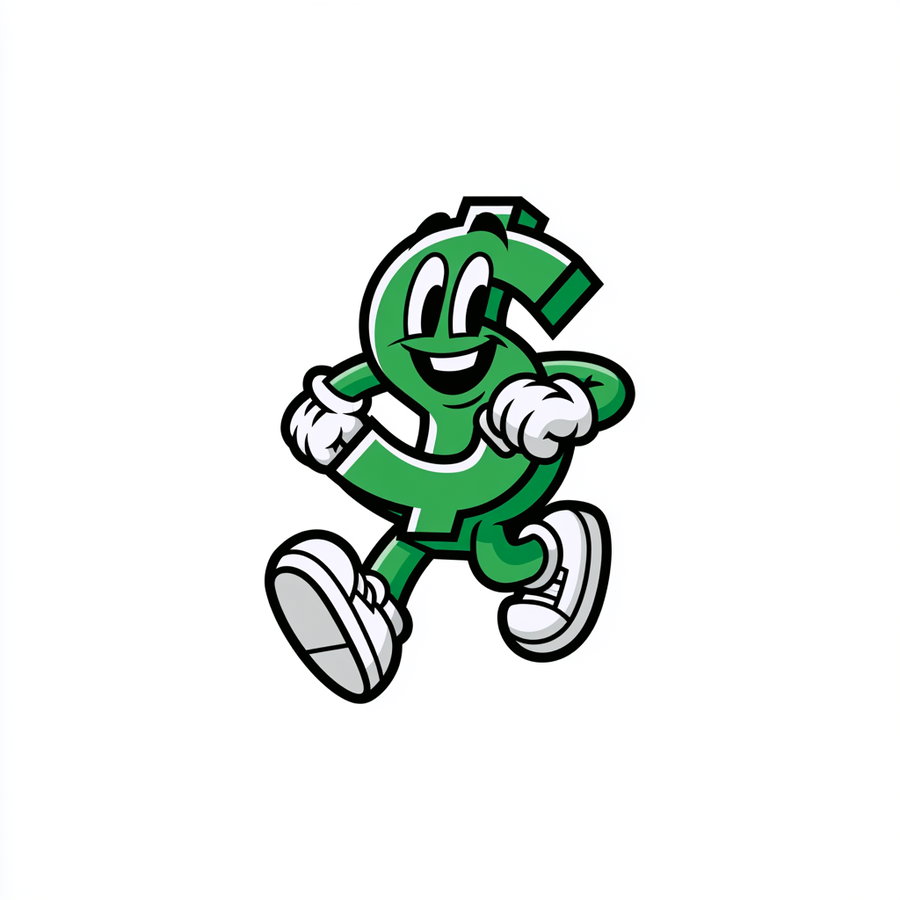 A cartoon character shaped like a dollar sign, smiling and running.