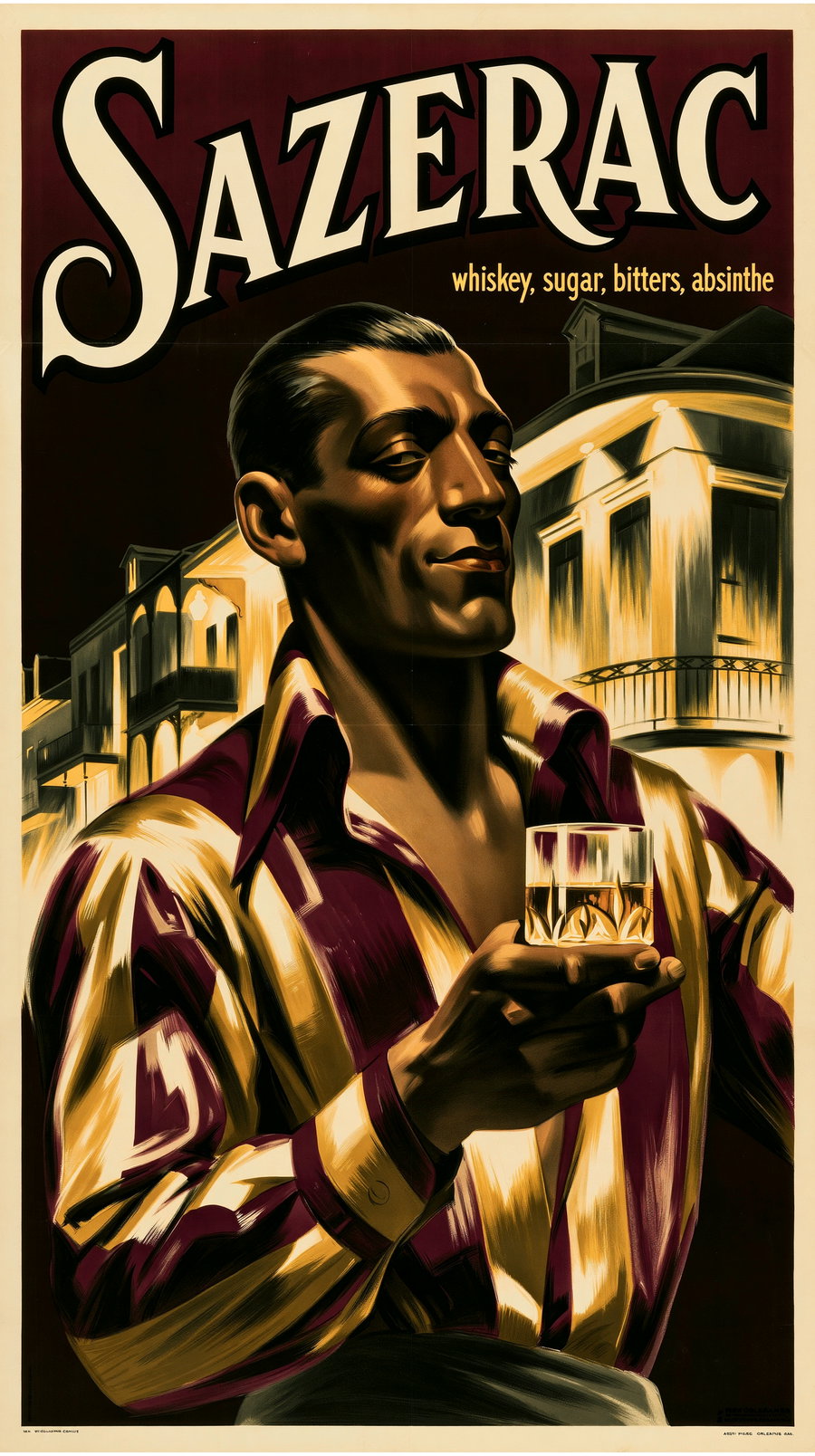 A retro-style poster of a man holding a glass of Sazerac cocktail, wearing a colorful shirt, set against a vintage backdrop.