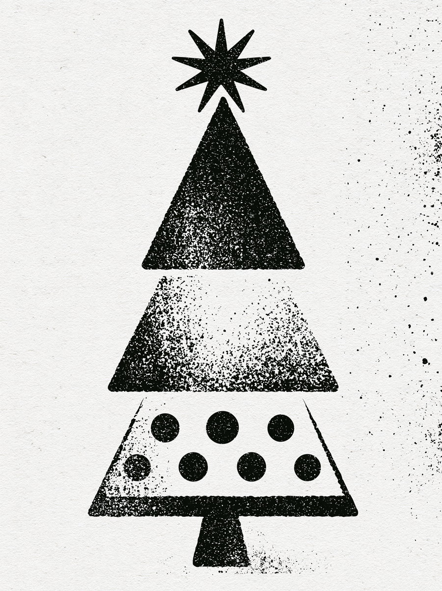 A minimalist illustration of a Christmas tree made up of geometric shapes in black and white.