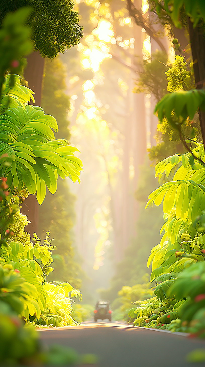 A lush forest scene with tall trees and vibrant green foliage on either side of a narrow road, illuminated by gentle sunlight filtering through the leaves.
