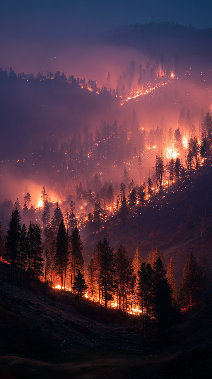 Wildfire consuming forest and grassland with smoke and flames