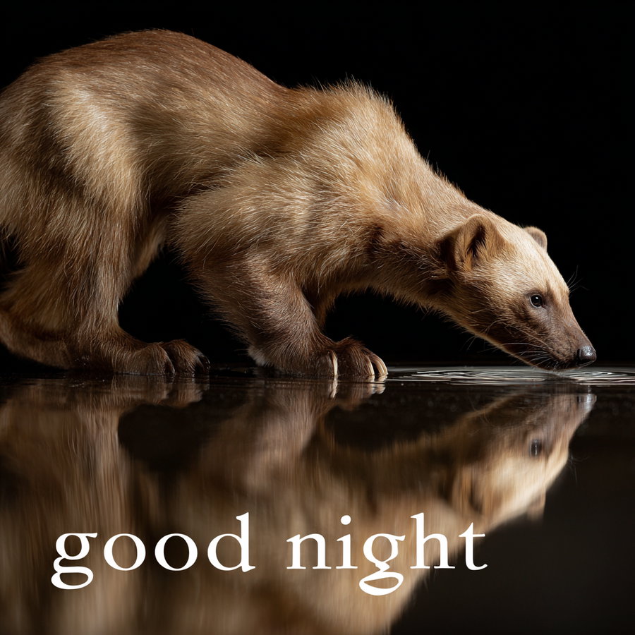 Wolverine reflecting in calm water with "good night" words