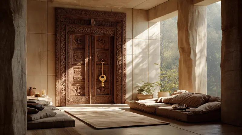 Calm Sacred Space Decor with Carved Wooden Temple Door