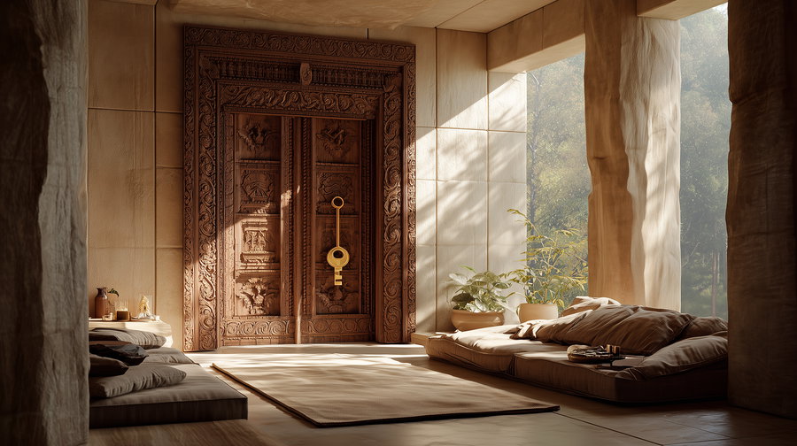 Carved wooden temple door in serene stone sanctuary with golden key