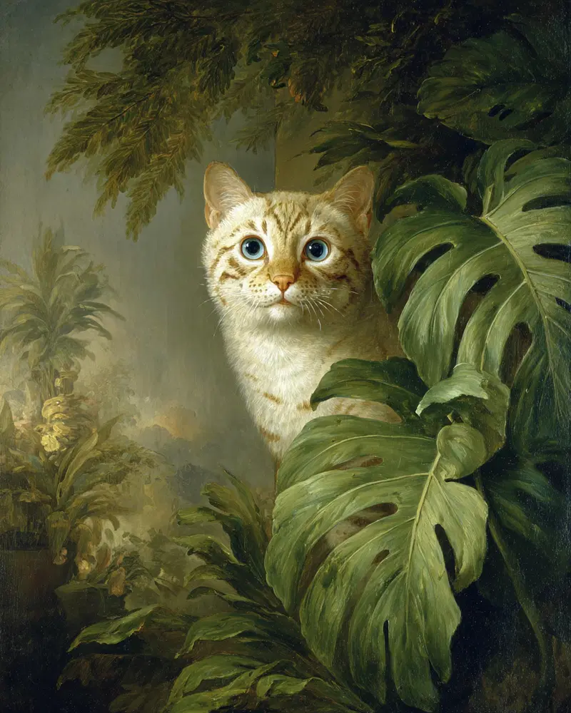 Realistic painting of a light brown striped cat with blue eyes peeking through large green leaves
