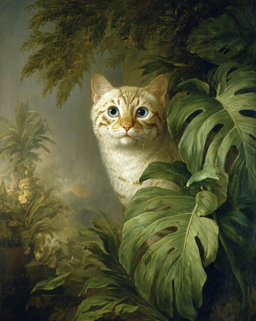 A realistic painting featuring a light brown striped cat with blue eyes looking directly at the viewer, surrounded by large green leafy plants and a natural backdrop.