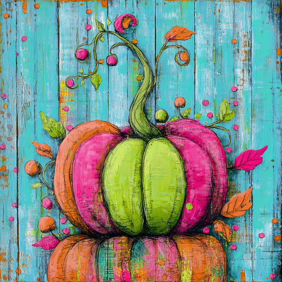 A vibrant painting of a pumpkin with sections in green, pink, and orange hues, surrounded by small leaves and round decorative accents, set against a distressed turquoise wooden plank background.