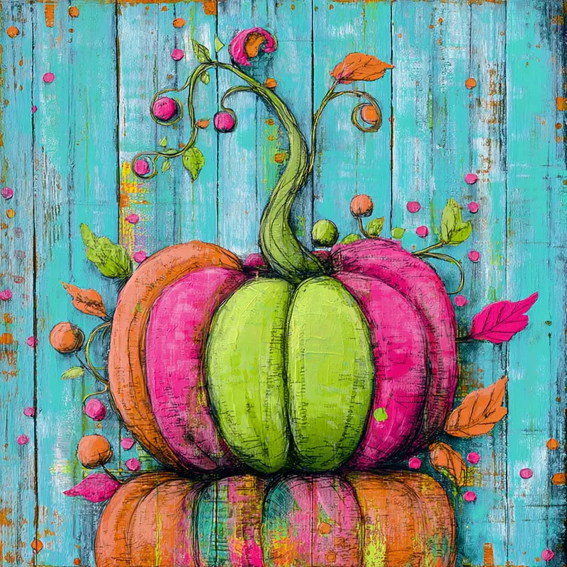 Colorful stylized pumpkin with leaves and decorative elements on rustic background
