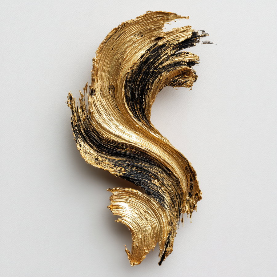 A close-up of a textured brushstroke featuring swirling gold and black paint on a white surface