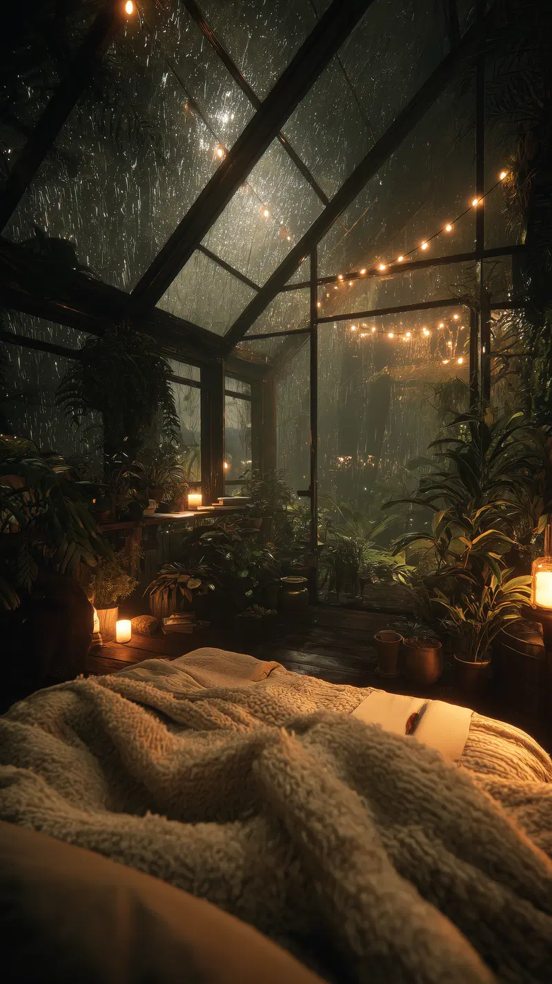Cozy indoor garden bedroom setting with rain outside glass roof