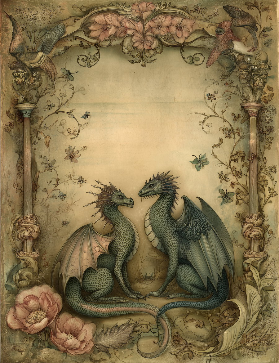 Two finely detailed green dragons sitting facing each other, framed by an elaborate floral and ornamental border with flowers, birds, and butterflies on a vintage parchment-style background