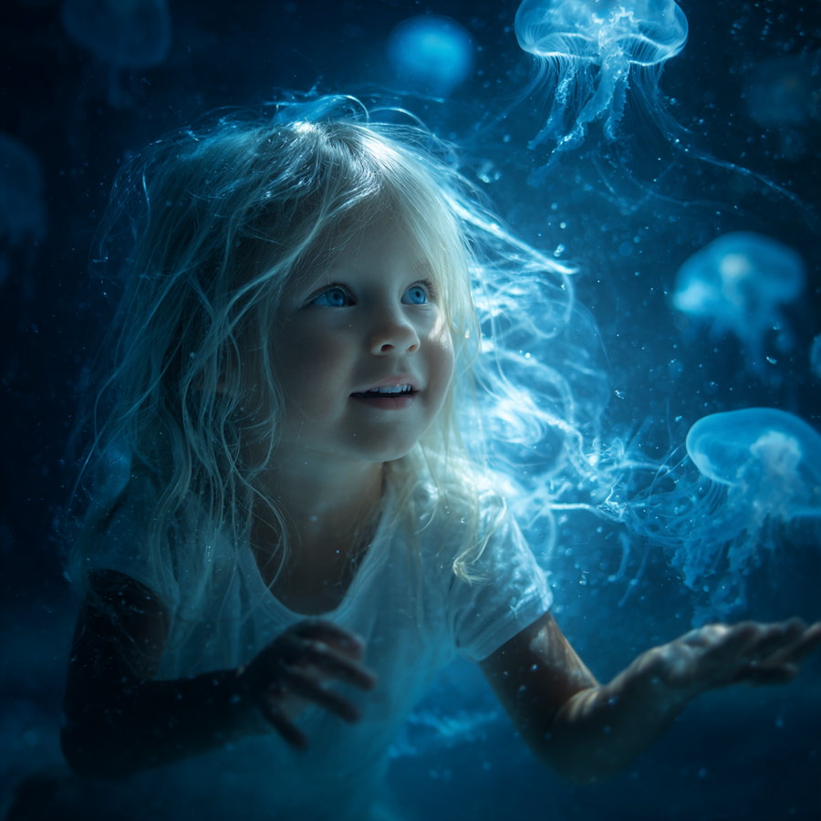 A young blonde girl with long hair and blue eyes looks captivated underwater surrounded by glowing jellyfish in a blue aquatic environment