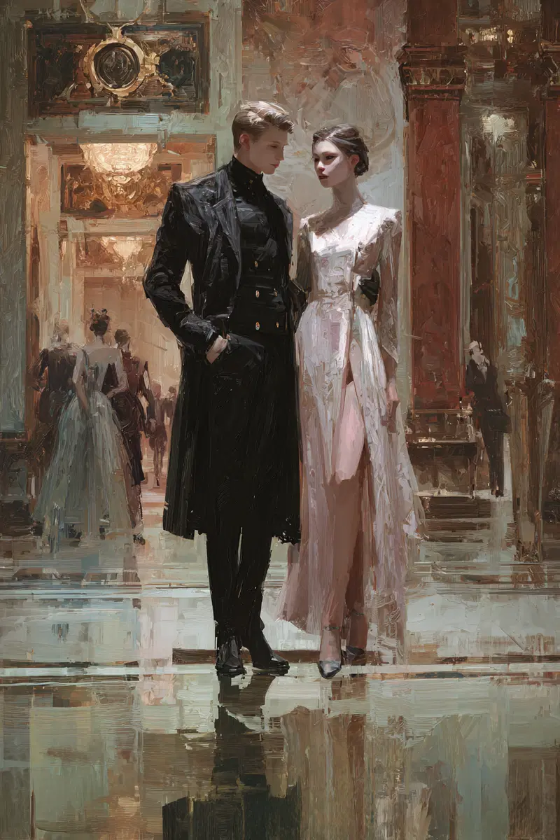 Elegant couple dressed in fashionable attire posing in a grand hall