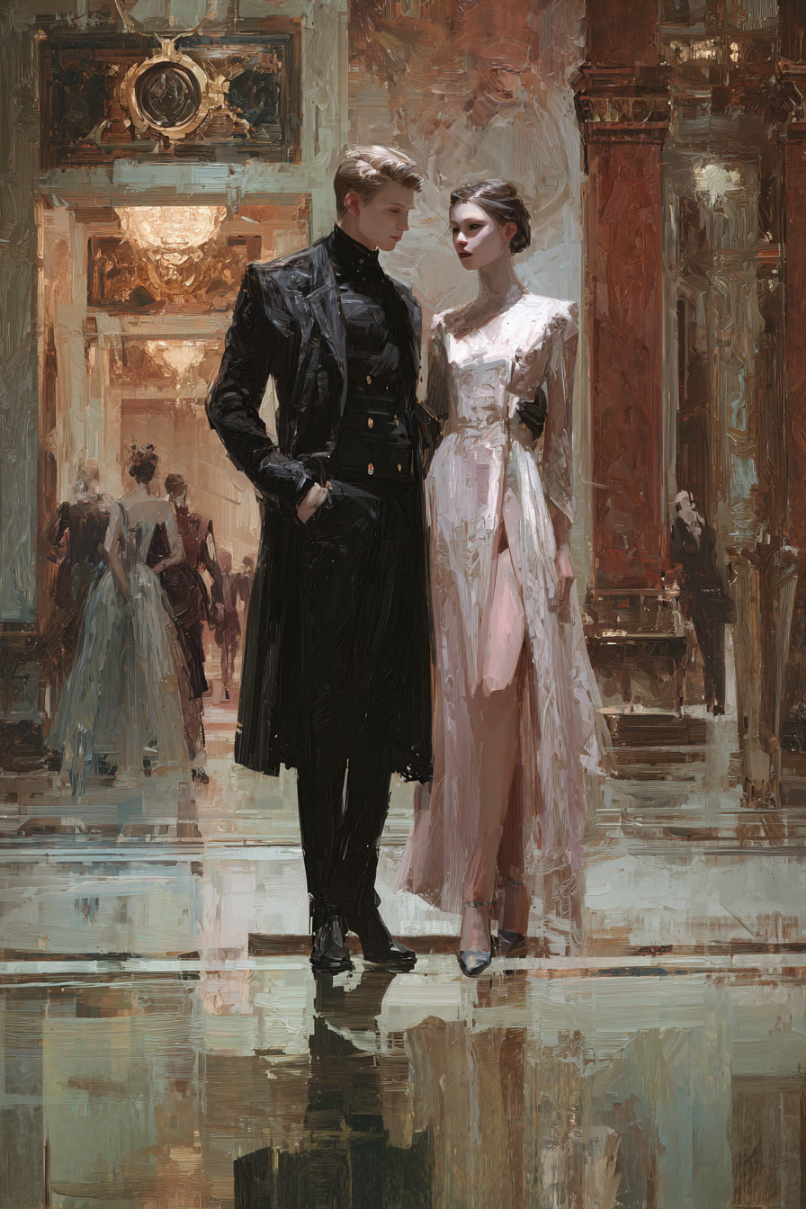 Oil painting style image of a man and woman standing close together in elegant clothing with a large, ornate interior background and reflections on the floor