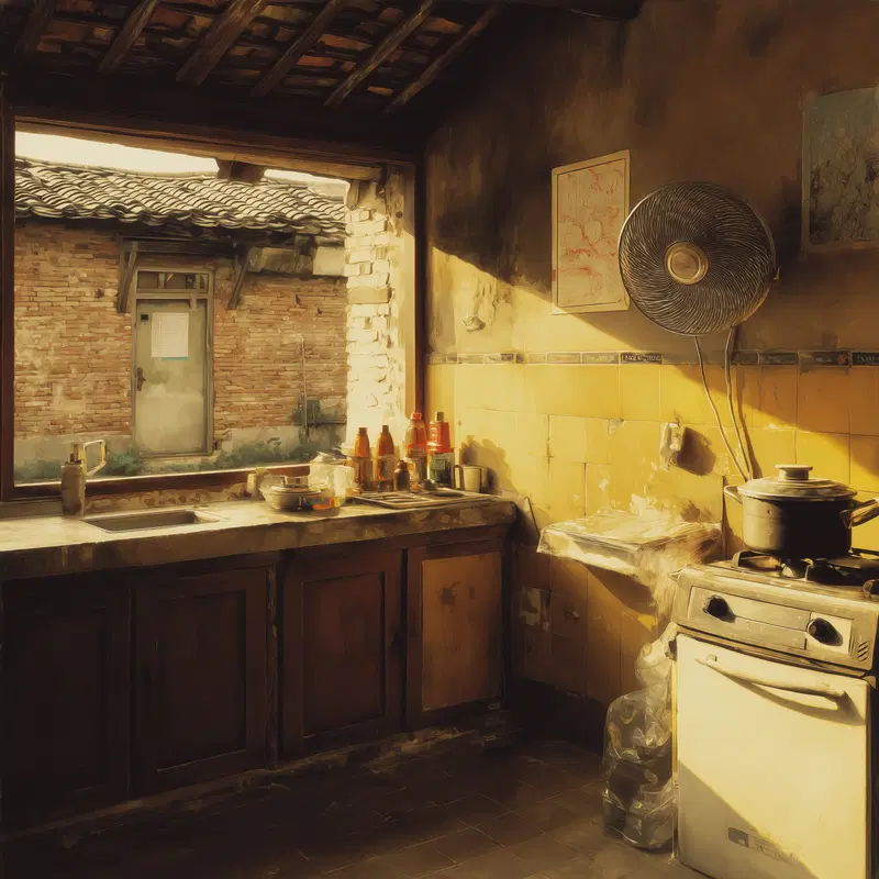 Cozy rustic kitchen interior with warm sunlight and traditional decor