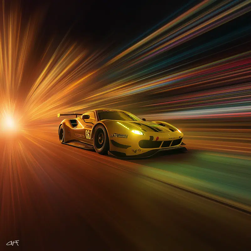 High-speed yellow racing car with vibrant motion blur and light trails