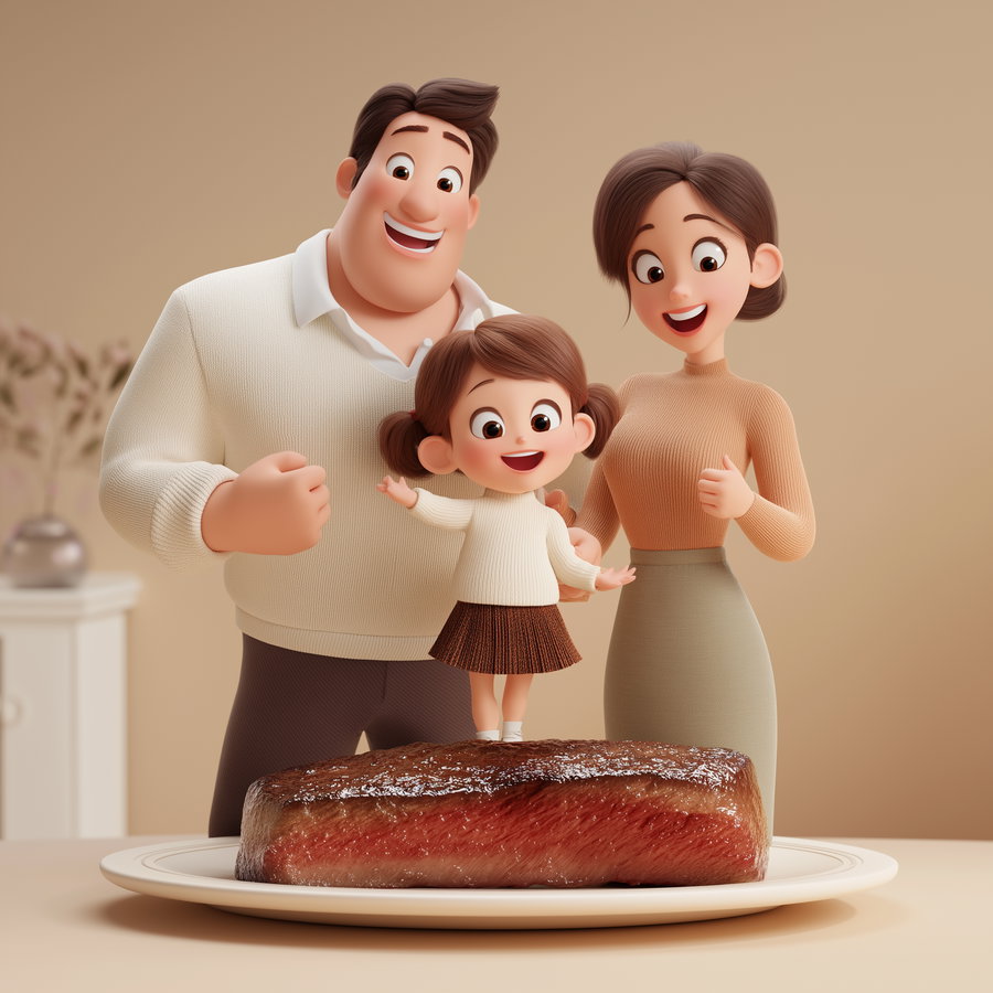 3D rendered cartoon-style illustration of a smiling family with a man, woman, and young girl standing behind a plate with a cooked steak, set in a cozy, neutral-toned interior